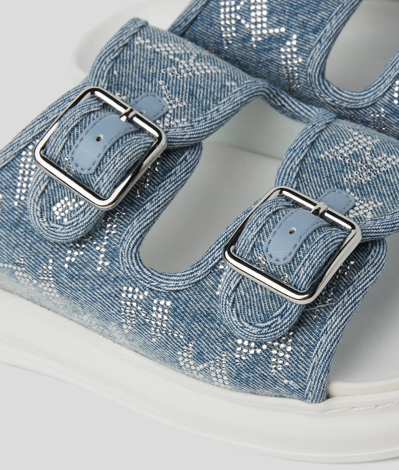 KARL KAPRI DENIM RHINESTONE SANDALS
